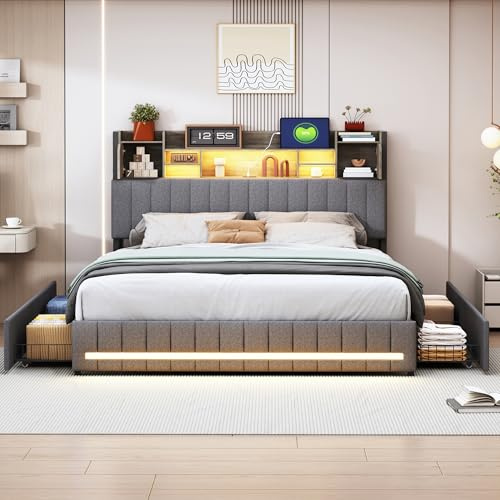 KeepGoon letto matrimoniale con 4 cassetti, Letto imbottito 160 x 200 cm, lluminazione a LED, con stazione di ricarica USB, testiera con contenitore, tessuto di lino
