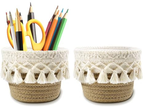 2 Pièces Paniers Boho en Coton 10 x 10 cm – Organisateur de Maquillage et Rangement Pinceaux, Panier Tressé Décoratif pour Coiffeuse, Salle de Bain, Bureau, Porte-Stylo et Accessoires de Maquillage