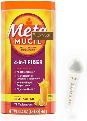 Digestive Health Set: Meetamucil Fiber, 72 Servings + LUXPAKS Wipe | Psyllium Fiber, Orange Flavor, Digestive Health, Daily Fiber Powder, 72 Servings