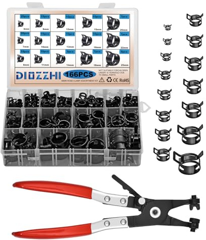 166 Piece Spring Band Hose Clamp Assortment with Twist Flat Nose Pliers 6-25mm - For Fuel Lines, Silicone Vacuum Hose, Black Small Steel Clamp, Low Pressure Air Clip - Ideal for Fixing