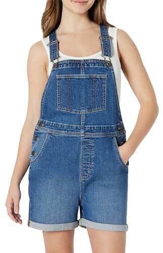 Amazon Essentials Salopette Courte en Denim, Bretelles Réglables, Coupe Décontractée, Moyennement Extensible Femme, Bleu Moyen Vintage, S