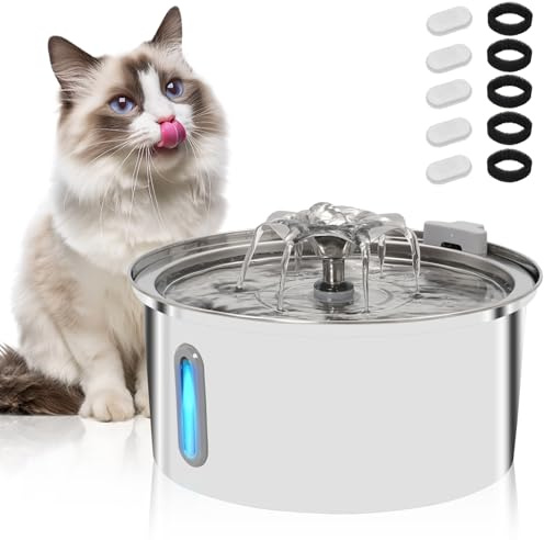 Fontana d'acqua per gatti in acciaio inossidabile: 3,2 l, dispenser automatico per gatti e gattini, fontane per innaffiare gatti con 5 filtri inclusi
