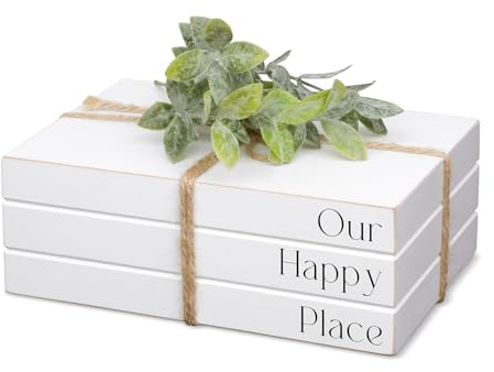 Decorative Wooden Books for Home Decor, White Faux Books for Display, Rustic Farmhouse Stacked Books (OUR HAPPY PLACE)