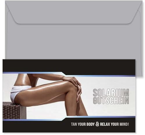 GESCHENKGUTSCHEINcom - 25 Blanko Geschenkgutscheine mit Kuvert - Formulare mit Vordruck für Solarium Sonnenbank Tanningstudio SN12011-25-V1