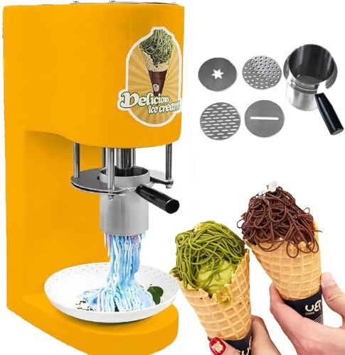 GBHJJ Prensa EléCtrica para Pasta y Helado, Acero Inoxidable, 80 W, 30 L/H, 4 Moldes Intercambiables, Prensa Italiana Profesional para Helado, FáCil de Limpiar, para HeladeríAs y Postres,Yellow