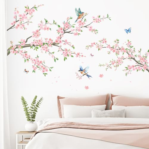 SHUCHING Stickers Muraux Fleurs de Cerisiers, Autocollant Mural Branche de Fleur Rose, Décoration Murale pour Chambre Salon | Décoration murale florale pour chambre de fille ou salon