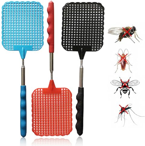 3 Stück Fliegenklatsche, Fliegenklatsche Ausziehbar, Pest Control, Mit Integriertem Mückenschaber, Für Verwendet, Um Fliegen, Wespen, Mücken Und Andere Insekten Abzuwehren (Blau+Rot+Schwarz)