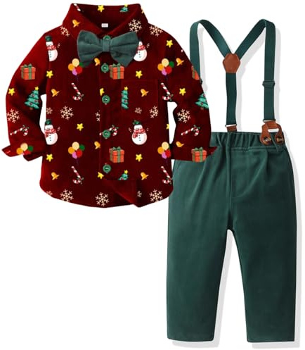 Yaopelky Conjunto de camisa con estampado de Navidad para niño, con pajarita, tirantes y pantalón, ropa de vestir para caballero, Camisa roja y pantalón verde (estampado de regalo), 2-3 años