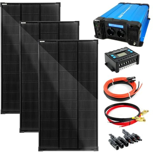 SOLARTRONICS Komplettset 3x120 Watt Solarmodul 1070x580x35, FSD 1500W 12V Spannungswandler + 30A Laderegler + Solarkabel + 3-fach Solarstecker Photovoltaikanlagen Inselanlage Wohnmobil