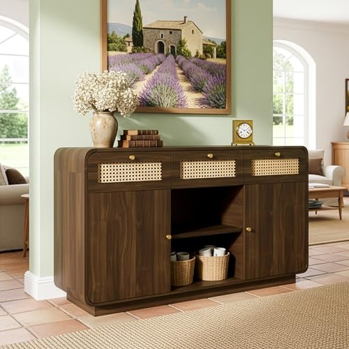 BTM Kommode Sideboard 120cm Nussbaum, Schubladenschrank mit Rattan & Goldgriffen, 3 Schubladen + 2 Schränke + offenes Regal, Höhenverstellbare Einlegeböden, H85/B120/T40 cm