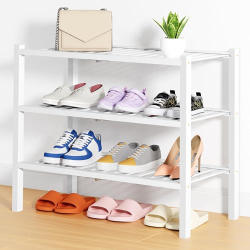 smiry Schuhregal mit 3 Ebenen, Platzsparende Schuhablage, Stapelbar Schuhorganizer, Bambus Regal für Eingangsbereich Flur, Wohnzimmer, Weiß