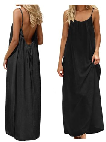 Backless Cami Dress Backless Dress House Dress for Women Sleeveless Long Cami Lounge Dress Backless for Indoor Summer Wear (UK, Alpha, M, Regular, Regular, Black)