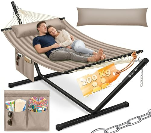 KESSER® Hängematte Hill mit Gestell Kissen Doppelhängematte für 2 Personen-Stabiler Rahmen 200kg Belastbarkeit Indoor & Outdoor XXL Hängesessel Doppel Mehrpersonen Garten Balkon Terrasse, Taupe