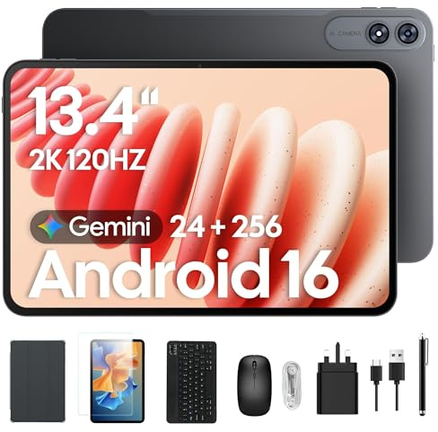 2026 Upgraded 13.4 inch Android 16 Tablet with Keyboard, Large 13 inch Tablet with 2K 120Hz IPS Display, 24GB RAM + 256GB ROM, 2.2Ghz Octa-Core,10000mAh Battery, Tablet with Pen & Mouse