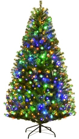 COSTWAY 120/150/180/210cm LED Künstlicher Weihnachtsbaum mit 11 Lichtmodi und 5 Farbwechsel, Tannenbaum mit Metallständer, Christbaum PVC Nadeln, Kunstbaum Weihnachten Klappsystem, grün (150CM)