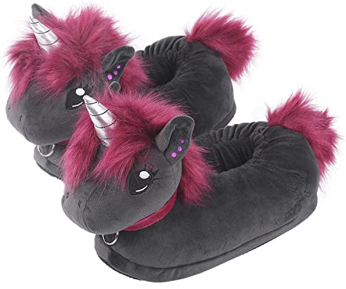 corimori 1847 - (Plusieurs Modèles) Licorne Punk Ruby Chaussons avec Tête d'animal, Pantoufles Mignonnes en Peluche Polaire, Noir Rose Taille Unique 34-44