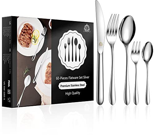 vancasso Besteck Set 12 Personen,60-Teilig Silberbesteck mit Messer/Gabel/Löffel/Dessertlöffel, 18/10 Edelstahl Besteckset Poliert mit Geschenkbox, Spülmaschinenfest