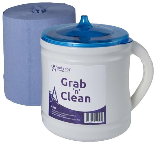 Andarta - Grab 'n' Clean Dispenser Kit - Includes Dispenser & x1 Blue Roll - Portable Wiper Roll Dispenser - Closed System Design with Single Sheet Dispensing - Wall Mountable