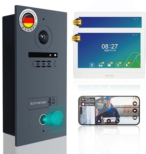 MATHFEL 2-Draht Video Türsprechanlage Einfamilienhaus – Full HD 170° Kamera mit WLAN – 2×10-Zoll Touchscreen – Fingerprint Zugangskontrolle