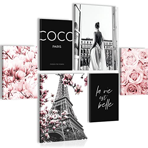 Novart Wandbilder Set Fashion Paris Coco Rosa - KEIN EXTRA RAHMEN BENÖTIGT - Modern Deko - Wohnzimmer Mädchen Teenager N008363a