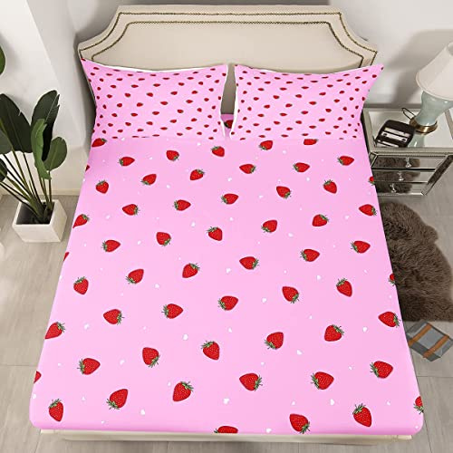 Loussiesd - Juego de sábanas, niños y niñas, diseño de fresas, frutas tropicales, rosa brillante, con bonito arte, sábana ajustable para dormitorio, 2 piezas, tamaño individual, bonito color rojo
