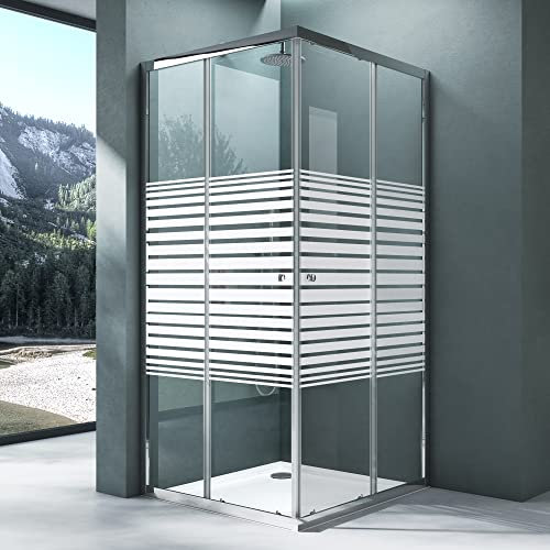 Mai & Mai Duschkabine Duschwand mit Doppel-Schiebetür 80x75 cm Eckeinstieg Echtglas Lotuseffekt ESG-Sicherheitsglas Milchglasstreifen mit Magnetverschluss R16MS Plus