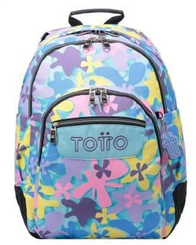 TOTTO - Mochila Escolar, Modelo Crayoles, Capacidad 20 L, Neceser Extraíble y Bolsa Calzado, Bolsillo para Botella, Espaldar Ergonómico con Flujo de Aire, Resistente, Estampado Flores Hawaianas