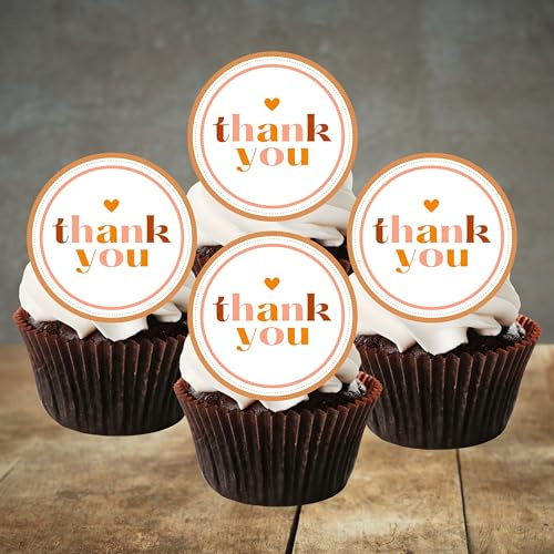 PRECUT Thank You Cupcake Toppers Theme #2, Edible With Thanks Cake Decorations (Pack of 24)
