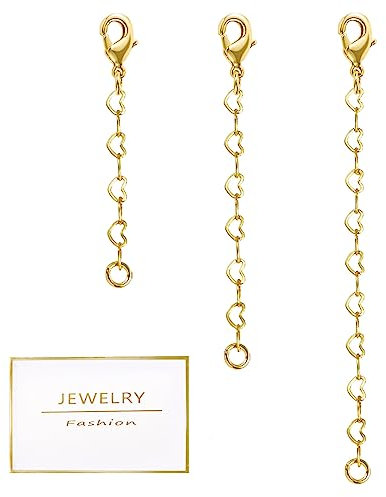Set di 3 estensori per collana, connettori per chiusura a moschettone placcati in oro 14k, robusta catena a maglie a cuore, collana, bracciale, cavigliera, per la creazione di gioielli, 1 2 3 pollici