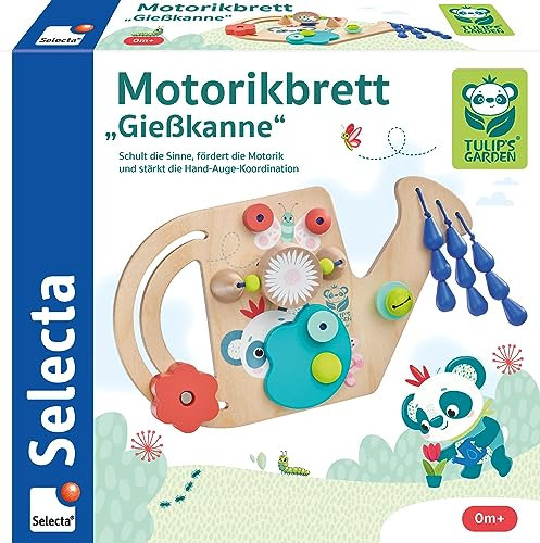 Selecta 61075 Tulips Garden, Motorikbrett Gießkanne, 25 cm, Motorikspielzeug aus Holz