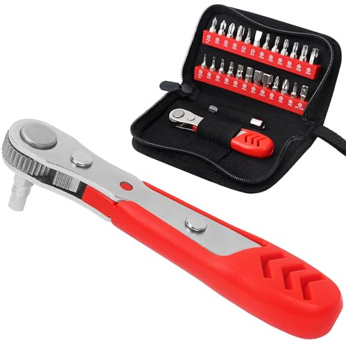 STREBITO Right Angle Screwdriver Set, Low Profile 26 Piece Small Ratchet, Stubby 90 Degree Ratcheting Screwdriver, Mini 1/4 Bit EDC Tool for Tight Spaces, Bike