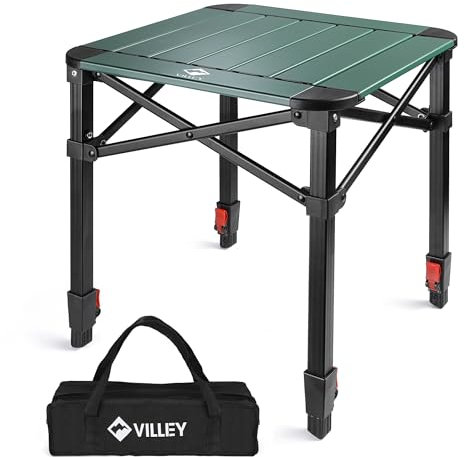 VILLEY Mesa Plegable con Bolsa de Transporte, Mesa Plegable Portátil de Aluminio, Mesa de Camping de Altura Ajustable, Mesa de Acampada para Picnic, Pesca, Camping, Playa y Extrior, 40 * 40 * 53cm