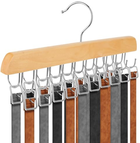 LMOMSS Belt Hanger for Closet,Belt Rack Organizer with 20 Hooks,360° Rotating Wooden Belt Holder for Storage Up to 60 Belts,Belt Keepers for Ties,Tank Tops and Accessories