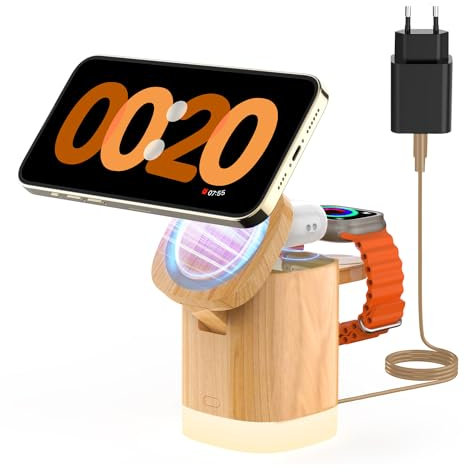 JoyGeek Mag Safe Ladegerät, Faltbar 3 in 1 Kabellose Ladestation für iPhone 16/15/14/13/12Serie, Wireless Charger mit einstellbar Licht für iWatch 9-2, Air Pods 4/3/2/Pro,Bamboo Wood Grain