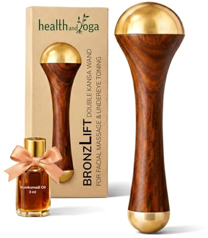 HealthAndYoga BronzLift Kansa Zauberstab – Beidseitige Bronzekappe – Added Beauty Face Oil Phiole – Ayurveda Gesicht Yoga Beauty Tool – Gesichts-, Nacken- und Unteraugenmassage – Straffung und