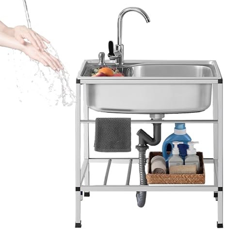 Freistehende Edelstahl Spültisch 1 Becken，Gewerbliche Spülbecken mit Wasserhahn und Ablassvorrichtung für Außen, Innen, Küche, Restaurant, Bar(52x38cm(20.5x15inch))
