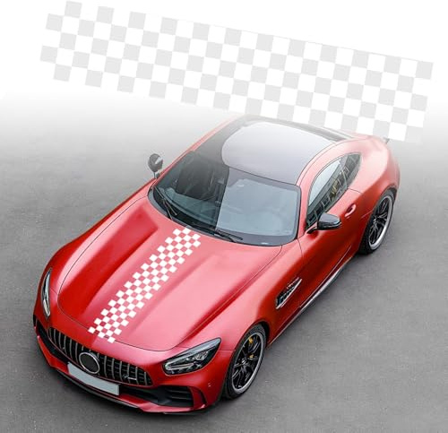 Calcomanía a Rayas de Tablero de Ajedrez para Capó de Coche,Auto Racing Body Stripe Lateral Falda Techo Vinilo Modificado Calcomanía de Rayas Decoración para Coches SUV Vehículos,Blanco