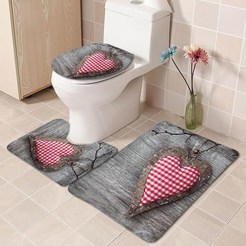 Bad Teppiche Set Grey Pink Heart Badezimmerteppich Waschbar WC Vorleger mit Ausschnitt und WC Deckelbezug 3 Teilig Badematte rutschfest Toilettensitzbezug Badgarnitur 45x75 cm