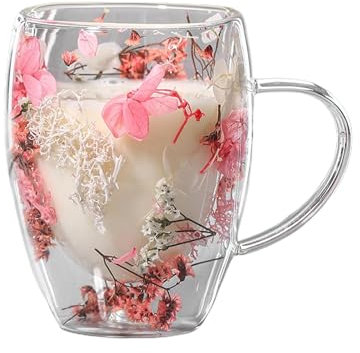 Tazza Da Caffè A Doppio Strato Con Fiori Secchi, Tazze In Vetro A Doppia Parete Con Fiori Secchi Estetici, Tazza Con Fiori A Strato Isolante Con Manico, Tazze Trasparente Per Bevande Calde E Fredde