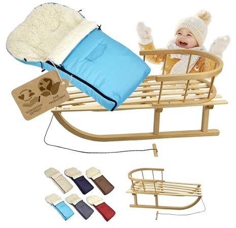 KOMBI-erbjudande träsläde med ryggstöd och dragrep universell vinteråkpåse (90 cm), lämplig för babystol, barnvagn, buggy, ull UNI (turkos)