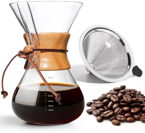 Yopinmall Pour Over Coffee Maker 27 OZ, 8 Cup Borosilicate Glass Drip Coffee Maker with Reusable Stainless Steel Filter and Cork Grip for Home Café 800 ML