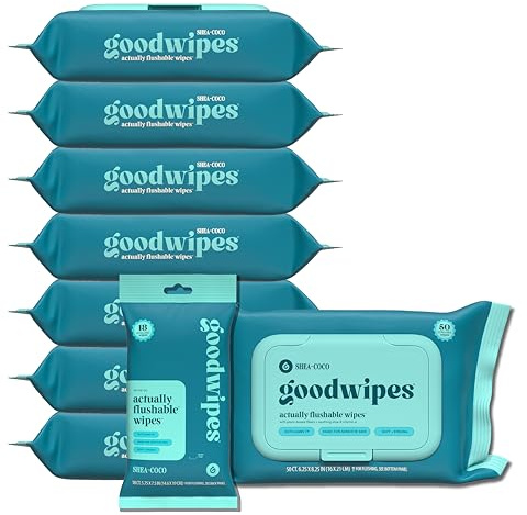 goodwipes Flushable Butt Wipes - Vitamin E & Aloe - Sewer & Septic Safe - Extra Large Adult Wet Wipes For Women & Men - Bathroom Essentials - Shea-Coco, 418 Count (8 Packs + 1 Travel)