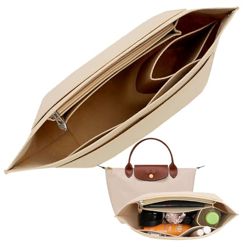 Amazleer Handtaschen Organizer für Longchamp Tasche, Damen Taschen Organizer für Longchamp Pliage, Purse Organizer, Multi-Pocket Handbag Organizer für Langem Griff Le Pliage (Beige, L)