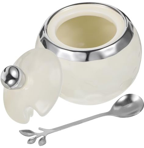 GALPADA Tarro Para Condimentos De Cerámica Blanca Con Borde Plateado, Frasco Para Almacenamiento Doméstico, Tapa Hermética, Dispensador De Azúcar Con Cuchara Para Cocina y Uso Multifuncional