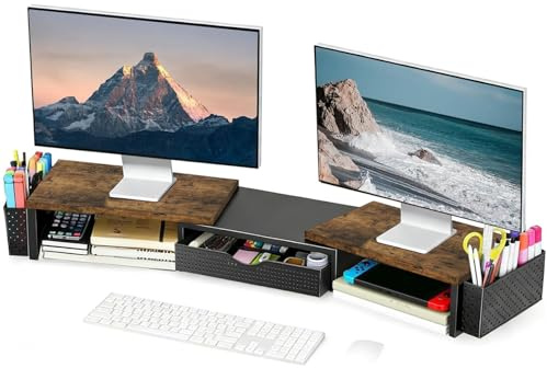 Spacrea Metal Desk Organizers and Accessories, Dual Monitor Stand Riser with Drawer and 2 Pen Holders, Desk Accessories & Workspace Desktop Organizers for Office Supplies (Wood)