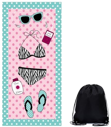 MUNSKT Microfibre Beach Towel, Extra Large Sand-Free Quick Dry Towel for Adults, Lightweight Swim Pool Yoga Towel with Carry Bag, 4 Designs, Palm Tree, Flamingo, Bikini, Colorful Stripes