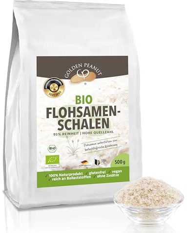 GOLDEN PEANUT Flohsamenschalen Bio 2 x 500 g 95% Reinheit, Indien, ballaststoffreich, glutenfrei vegan, Naturprodukt