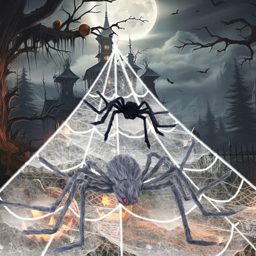 Halloween Decorations Outdoor Spider Web Set, 50Grey 24''Black Giant Spider + 275 Triangular Spider Web +20g Cobwebs 2Mini Fake Spiders for Indoor/Outdoor Scary Haunted House Party Halloween Yard