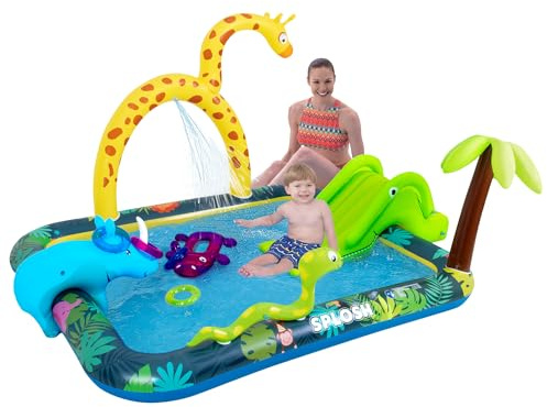 Splosh Jungle Animal Activity Paddling Pool - Fun Spray & Splash Pool With Slide For Kids Age 2-5 - Includes BONUS Inflatable Ring Toss Game - Toddler Swimming Pool - Size 2.6m x 1.9m / 20cm Pool Dept