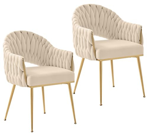 SUPPNEED Samt Esszimmerstühle 2er Set, Sessel Wohnzimmer, Stühle Esszimmer mit Armlehne, Küchenstühle mit handgeflochtenen Hochlehner, Schminktisch Stuhl mit Gold Beine, Balkonstuhl(2, Beige)